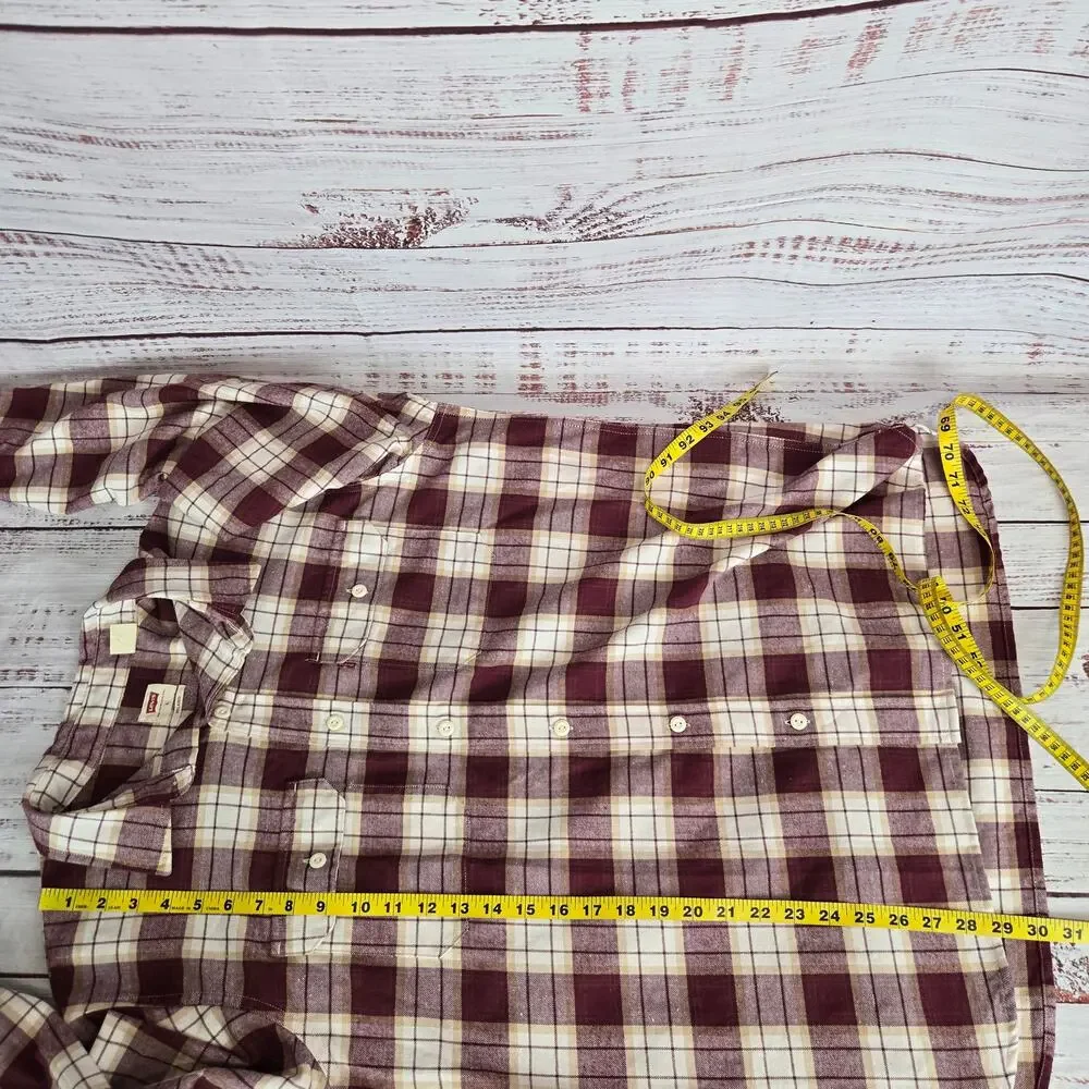 Levis Men Flannel L Burgundy Tan Check Soft Cotton Blend Casual Gorpcore Outdoor